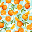 Seamless pattern with citrus orange fruit and green leaves on a blue background. Vector illustration