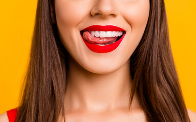 Wall Mural - Close up cropped photo of gorgeous person tongue lick teeth beaming smile isolated on yellow color background