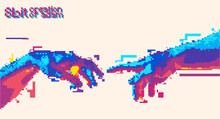 Reaching Hands 8 Bit Color Style Design Concept Vector Illustration Isolated On Background In Vaporwave Color Palette.