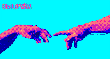 Wall Mural - Reaching hands 8 bit color style design concept vector illustration isolated on background in vaporwave color palette.