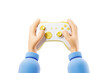 Cartoon hands hold a joystick on a light background. The concept of games on the console. 3d rendering