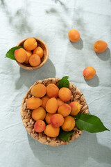 Poster - resh apricots on the light green linen tablecloth