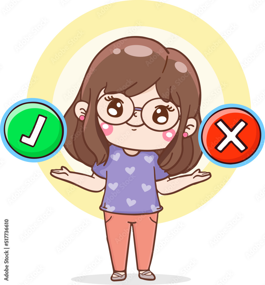 cartoon character female holding correct and wrong sign, choice concept ...