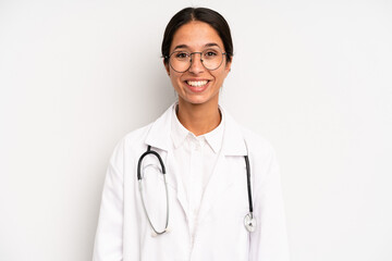 hispanic pretty woman looking happy and pleasantly surprised. physician student concept