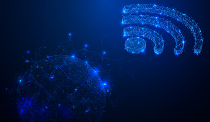 Leinwandbilder - Abstract mesh line low poly of wifi icon signal isometric layout communication with blue digital 3D sphere shape technology design concept vector.