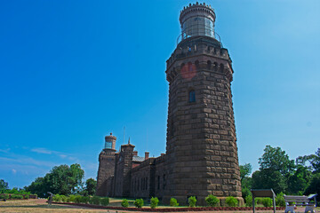 Non operational twin historic lighthouses in Highlands, New Jersey, overlooking Sandy Hook Bay -07