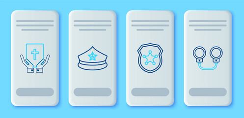 Poster - Set line Police cap with cockade, badge, Oath on the Holy Bible and Handcuffs icon. Vector