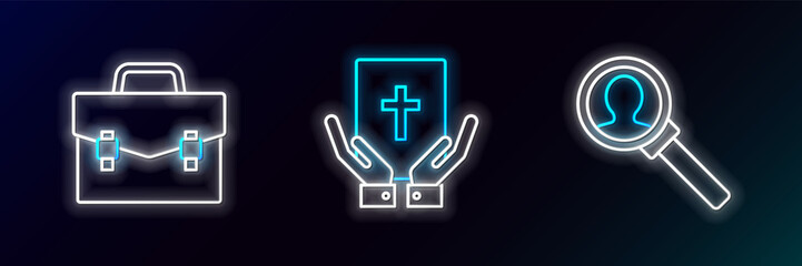 Wall Mural - Set line Magnifying glass for search, Briefcase and Oath on the Holy Bible icon. Glowing neon. Vector