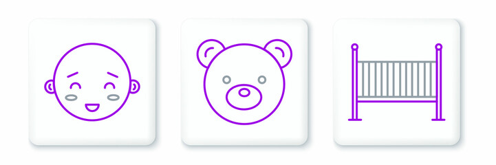 Poster - Set line Baby crib cradle bed, Happy little boy head and Teddy bear plush toy icon. Vector