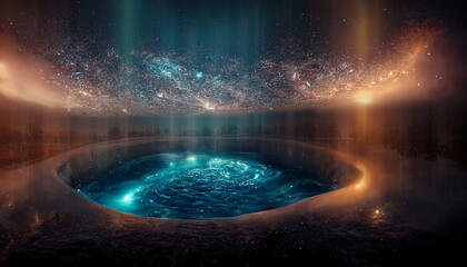 Abstract night fantasy landscape with a starry sky, a natural pool of water, a lake in which the galaxy, the milky way, the universe, stars, planets are reflected. 3D illustration.