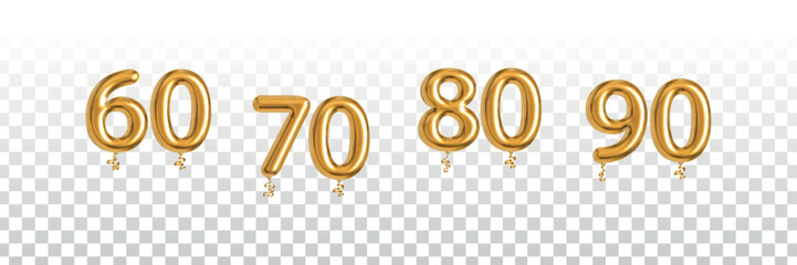 Wall Mural - Vector realistic isolated golden balloon of 60, 70, 80 and 90 on the transparent background.