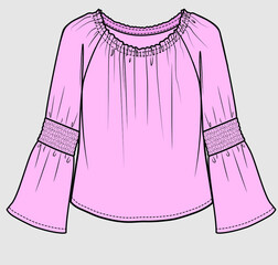 RAGLAN SLEEVES SMOCKED WOVEN TOP FOR TEEN GIRLS AND KID GIRLS IN EDITABLE VECTOR FILE