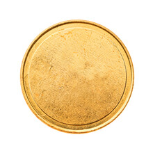 Golden Mockup Coin, Empty Coin With Worn Surface. Isolated On White. Ready For Clipping Path.