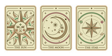 The Sun, The Moon And The Star Tarot Card Illustration Vector. Vintage Mystic Sun, Moon And Star Tarot Card In Ornamental Line Art Style. Esoteric Banner With Astrology Style.