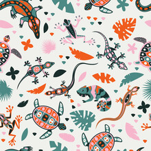 Seamless Pattern With Reptiles. Vector Illustration Of Lizard, Chameleon, Sea Turtle. Animal Fashion Textile Print