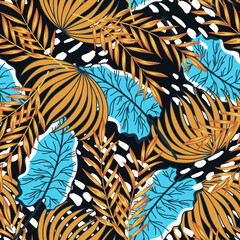  Fashionable seamless tropical pattern with bright plants and leaves on a dark background. Exotic wallpaper. Summer colorful hawaiian seamless pattern with tropical plants.