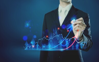 Wall Mural - planning analyze indicator and strategy buy and sell, Businessman or trader is pointing a growing virtual hologram stock, invest in trading