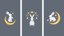 Mystery Celestial Rabbits Set. Trendy Mystical Design Templates With Bunnies Or Hares, Stars, Moon. Mysterious Celestial Cards For Stories Templates, Posts, Social Media, Business, Banners Etc. 2023 