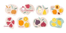 Set Flat Vector Icon Of Appetizing Fruit And Berries. Hand Drawn Doodle Sketch Isolated. Funny Colored Abstract Vector Food Template For Menu, Sticker, Logo, Detox Diet Concept, Farmers Market. 
