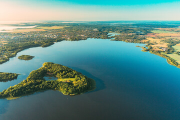 Poster - Lyepyel, Lepel Lake, Beloozerny District, Vitebsk Region. Aerial View Of Island Pension Lode In Autumn Morning. Morning Fog Above Lepel Lake. Top View Of European Nature From High Attitude In Autumn