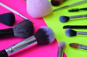 Wall Mural - Professional cosmetic makeup brushes of different sizes on a pink and green background for applying powder, shadows and blush and other cosmetic products