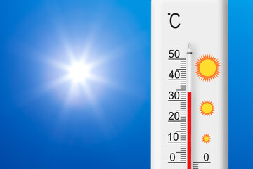 Celsius scale thermometer shows plus 34 degrees . Yellow sun in blue sky. Summer heat