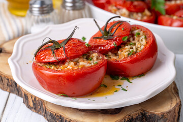 Traditional Turkish food; Stuffed tomatoes with olive oil stuffed with rice