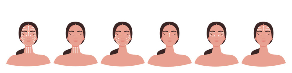 Infographic on facial massage lines. Step by step infographic with directions. Skin care to get glowing healthy look. Vector illustration isolated on white background.