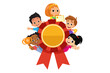 Multi-ethnic Children With Ribbon Awards Trophy Certificate Vector Illustration