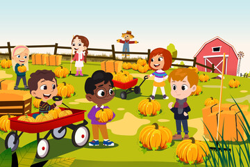 Sticker - Multi-ethnic Children Doing Pumpkin Patch Vector Illustration