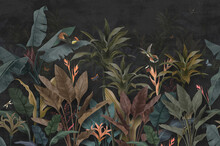 Wallpaper Palm Tropical Forest Vintage Jungle Pattern With Birds Dark Black Background