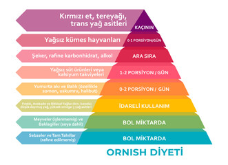 Ornish Diyet Piramidi (Ornish Diet food pyramid chart in Turkish) Healthy eating, healthcare, dieting concept, help reverse chronic disease and enhance health