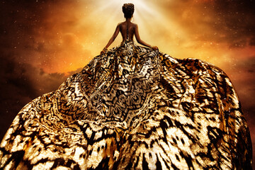 Wall Mural - Fashion Model in Golden flying Dress looking away at Light. Afro Style Woman in Gold Long Gown fluttering on Wind rear view. Exotic Dancer with Silk Fabric over Art Fantasy Background