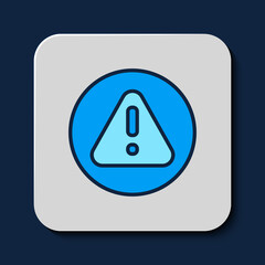 Sticker - Filled outline Exclamation mark in triangle icon isolated on blue background. Hazard warning sign, careful, attention, danger warning important. Vector