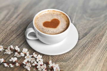 Poster - Spring composition with coffee and blooming flowers on the desk