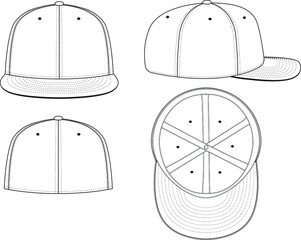 Wall Mural - Fitted Cap Hat Vector Technical Drawing Illustration Blank Streetwear Mock-up Template for Design and Tech Packs CAD Brim Baseball Hat