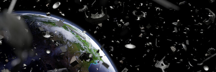 Wall Mural - space junk in earth orbit, debris orbiting the blue planet, flying trash
