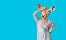 Woman With Cocktail And Head Of Deer On Blue Background