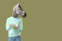 Man With Head Of Zebra On Color Background