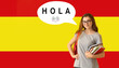 Female student and speech bubble with word HOLA (HELLO) against flag of Spain