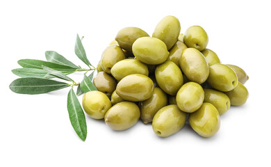 Heap of green olives on white background