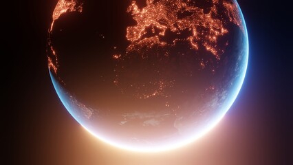 realistic earth planet viewed from space at night showing the lights of europe and africa countries,