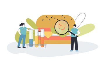 Wall Mural - Tiny scientists researching bacteria in hamburger. Man and woman standing with magnifying glass at burger and chemical tubes flat vector illustration. Dieting, healthy eating concept for banner