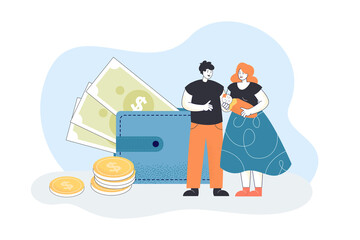 Wall Mural - Young parents holding baby standing at purse with cash. Maternity pension or childbirth expanses flat vector illustration. Parenthood and finance concept for banner, website design or landing web page