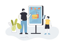 Father And Son Using Self Ordering Kiosk At Fast Food Restaurant. Self Service Payment Machine Or Terminal Flat Vector Illustration. Fast Food, Technology Concept For Banner Or Landing Web Page