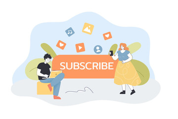 Wall Mural - content creators with gadgets and big subscribe button. man with laptop, woman with smartphone flat 