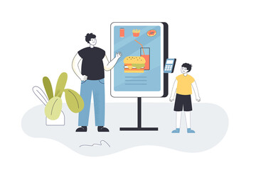 Wall Mural - father and son using self ordering kiosk at fast food restaurant. self service payment machine or te