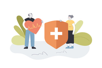 Wall Mural - Elders with heart and shield as symbols of health and protection. Healthy old man and woman flat vector illustration. Elderly care, health, medicine concept for banner, website design or landing page