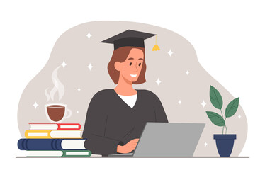 Graduate woman concept. Girl in graduate hat sitting at laptop, student preparing final project, diploma. Preparing for test or exam. Young and novice specialist. Cartoon flat vector illustration