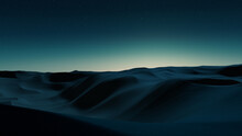 Rolling Sand Dunes Form A Peaceful Desert Landscape. Night Wallpaper With Green Gradient Starry Sky.